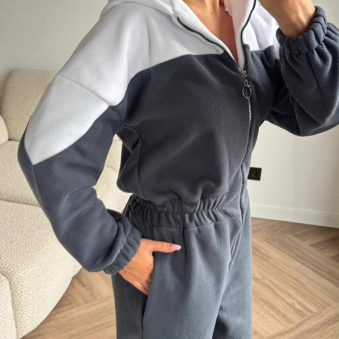 Damen lässiger Fleece-Overall mit elegantem Reißverschluss und Kapuze Drune