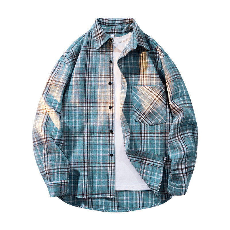 Herren nan kariertes Oversized Flanellhemd mit aufgesetzter Brusttasche, Rundem Saum und durchgeknöpfter Vorderseite Drune