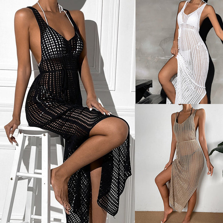 Damen gehäkeltes Maxikleid mit tailliertem Schnitt und seitlichem Kordelzug Drune
