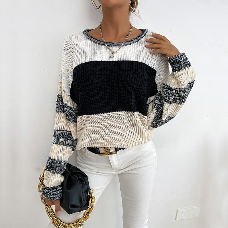 Damen lässiger Strickpullover mit modischem Blockdesign und weiten Ärmeln Drune