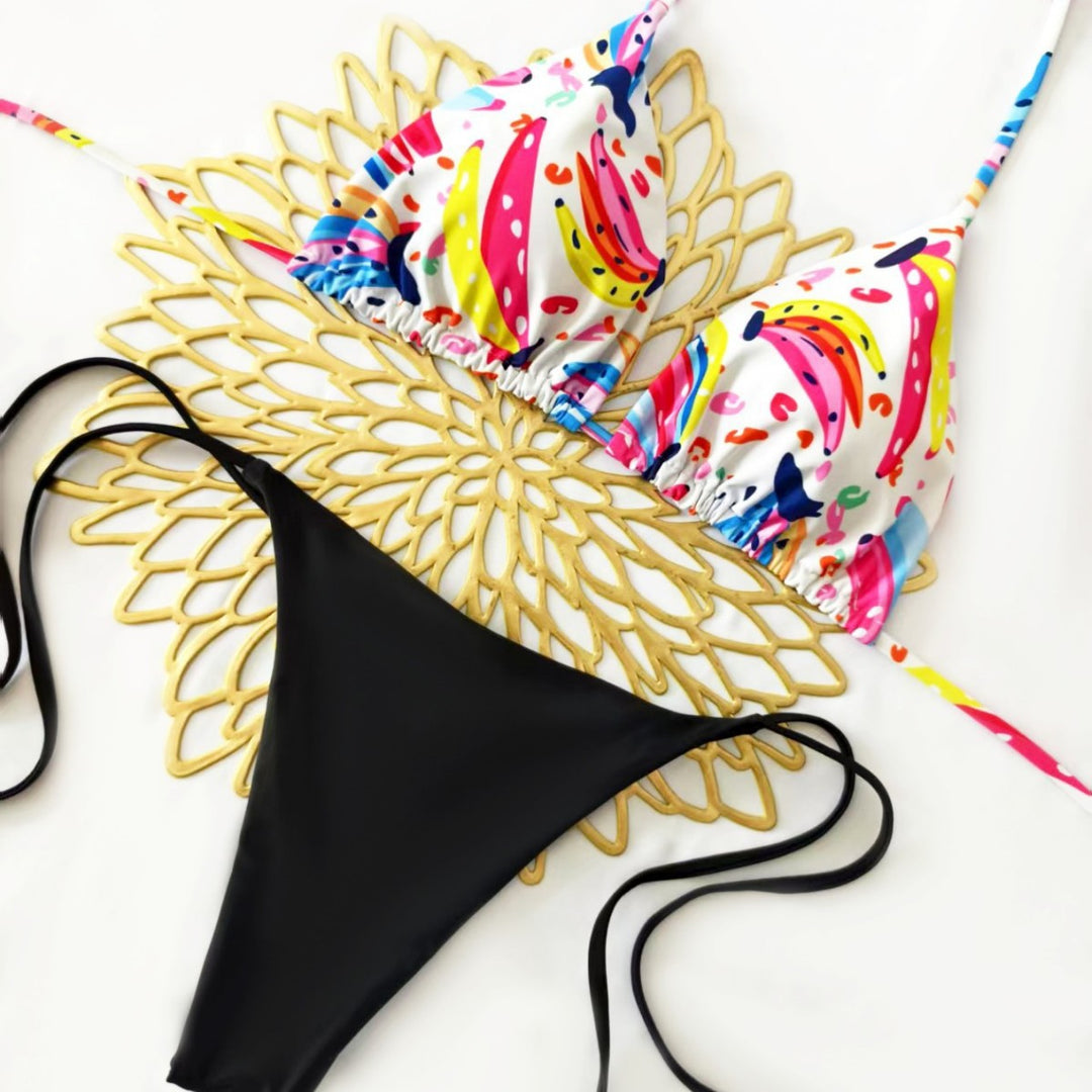 Damen Bikini-Set mit buntem Obstmuster und seitlichem Knoten Drune