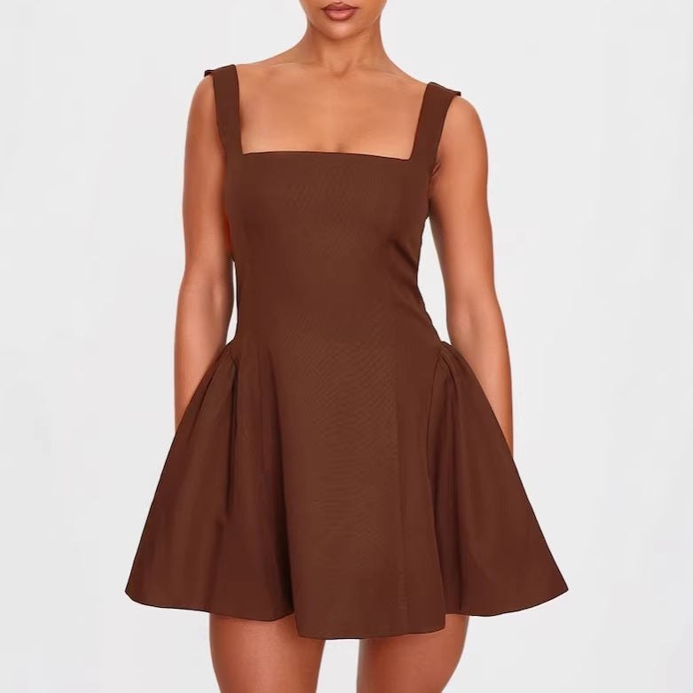 Damen A-Linien Kleid mit quadratischem Ausschnitt und angeschnittenen Taschen Drune