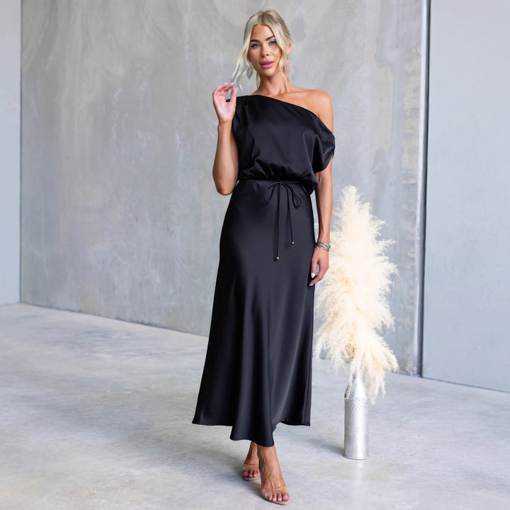 Damen Maxi-Kleid mit schulterfreiem Design und elastischem Taillenbund Drune