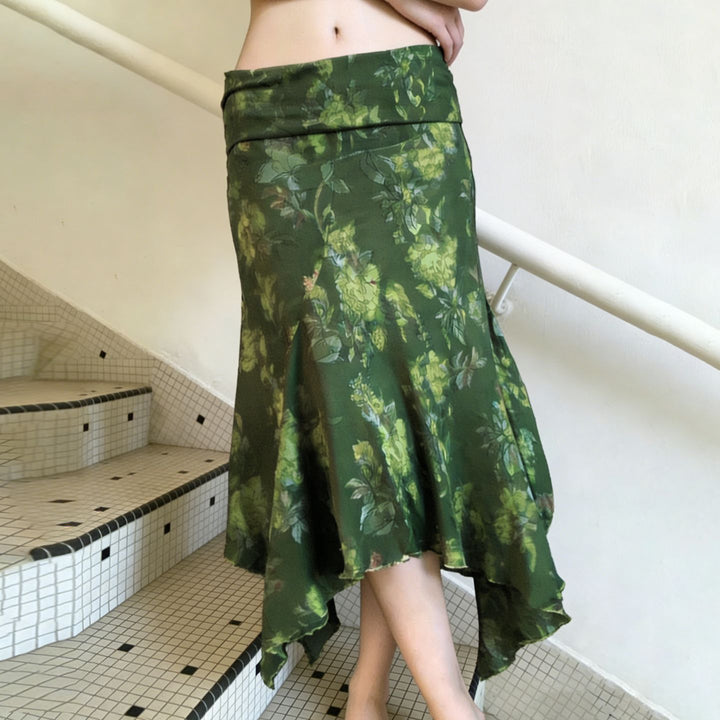 Damen asymmetrischer Wickelrock mit floralem Design und elastischem Bund Drune
