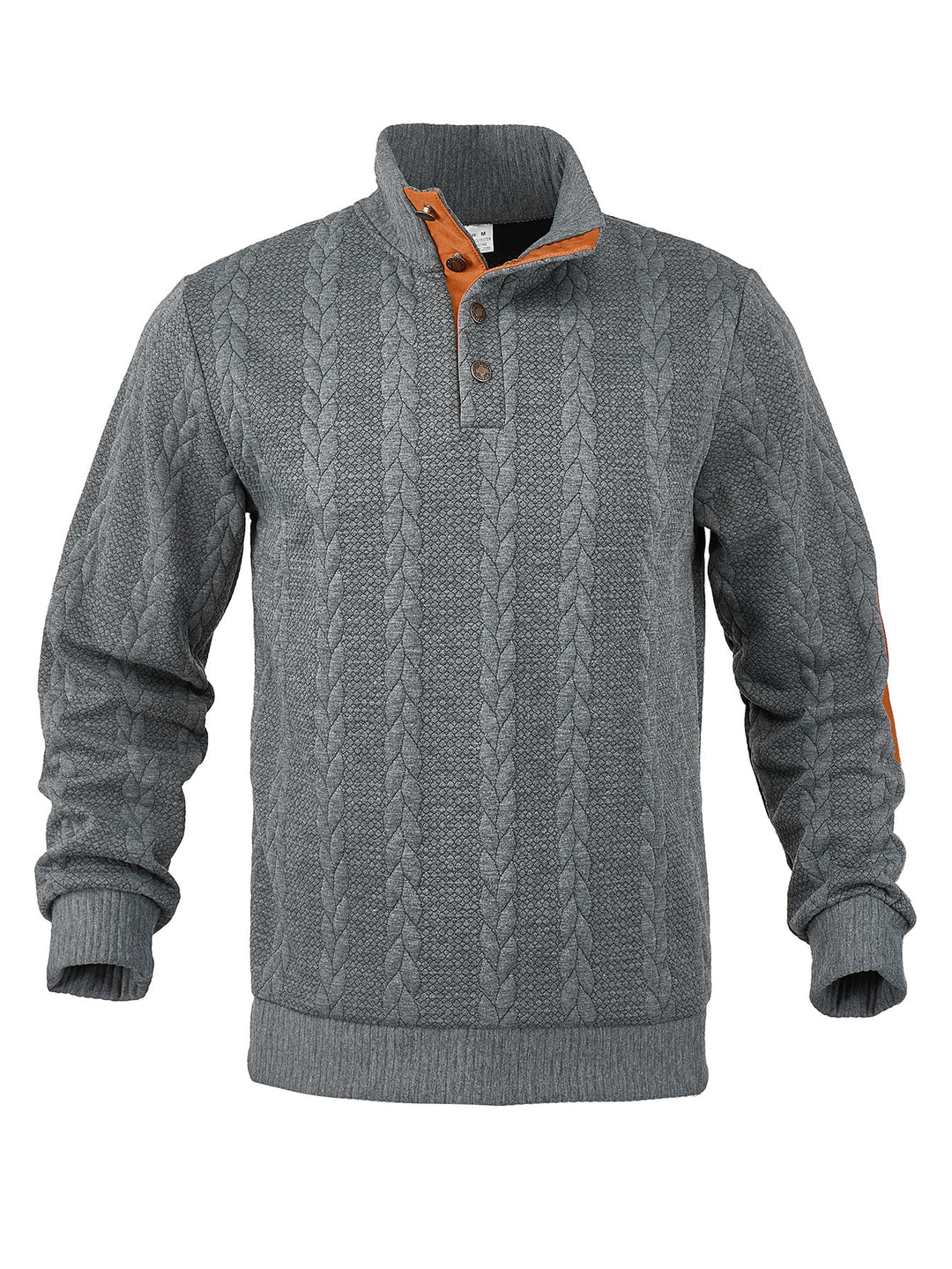 Herren nan Zopfmuster-Pullover mit Stehkragen, halber Knopfleiste und Ellbogenpatches Drune