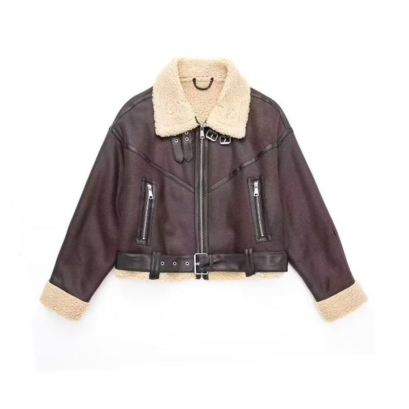 Damen modische Lederjacke mit Innenfutter und Gürtel Drune