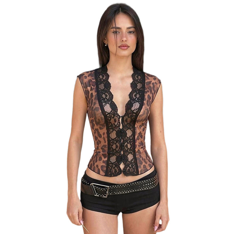Damen Sexy Spitzenoberteil mit Leopardenmuster Drune
