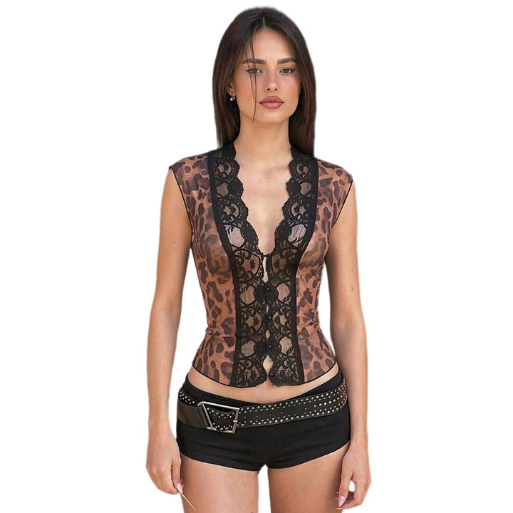Damen Sexy Spitzenoberteil mit Leopardenmuster Drune