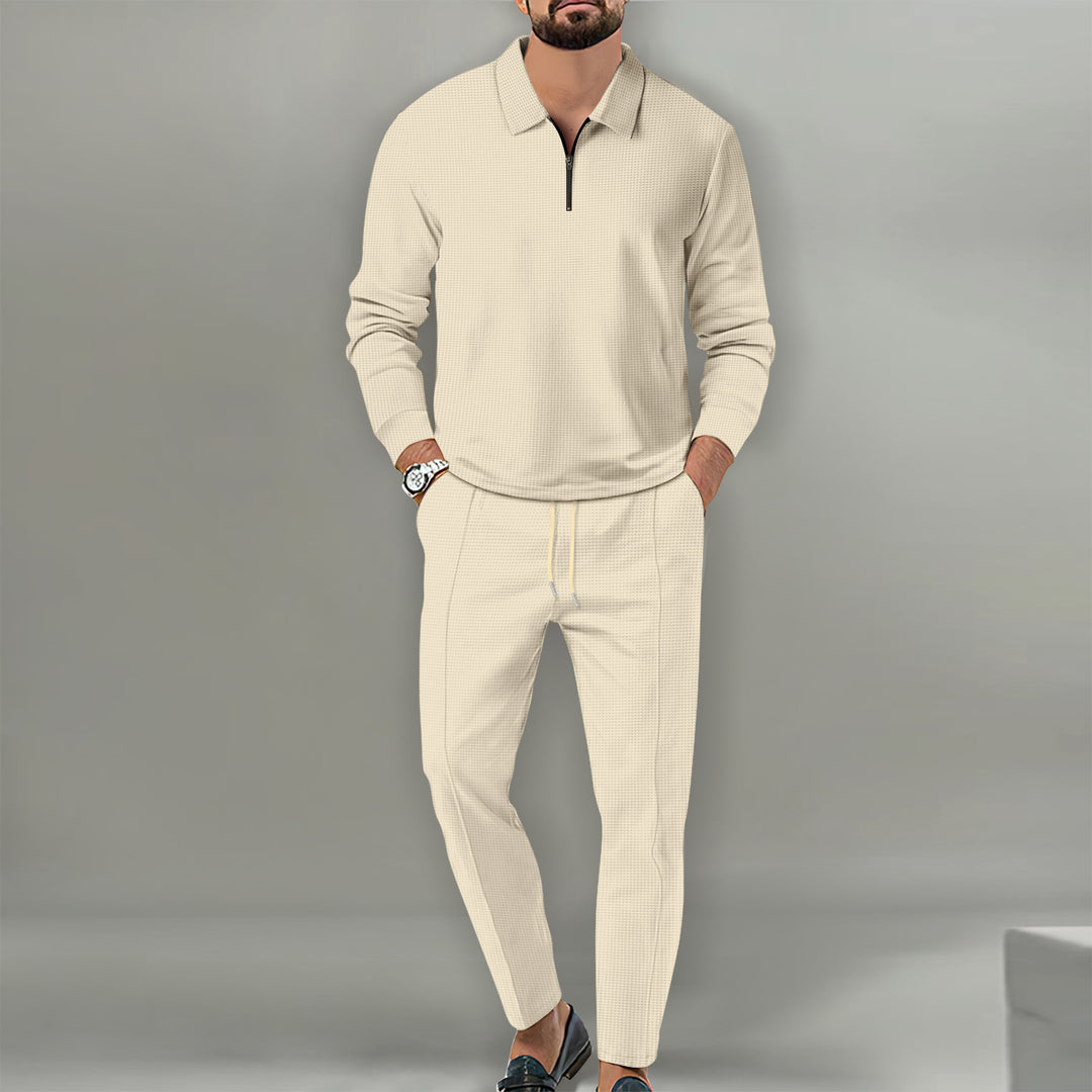 Herren nan Langarm-Henley-Poloshirt mit Halbzip und konischer Jogginghose Drune