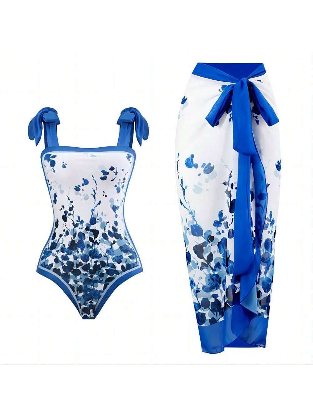 Damen Eleganter Badesuit mit floralen Akzenten und modischem Wickelrock Drune