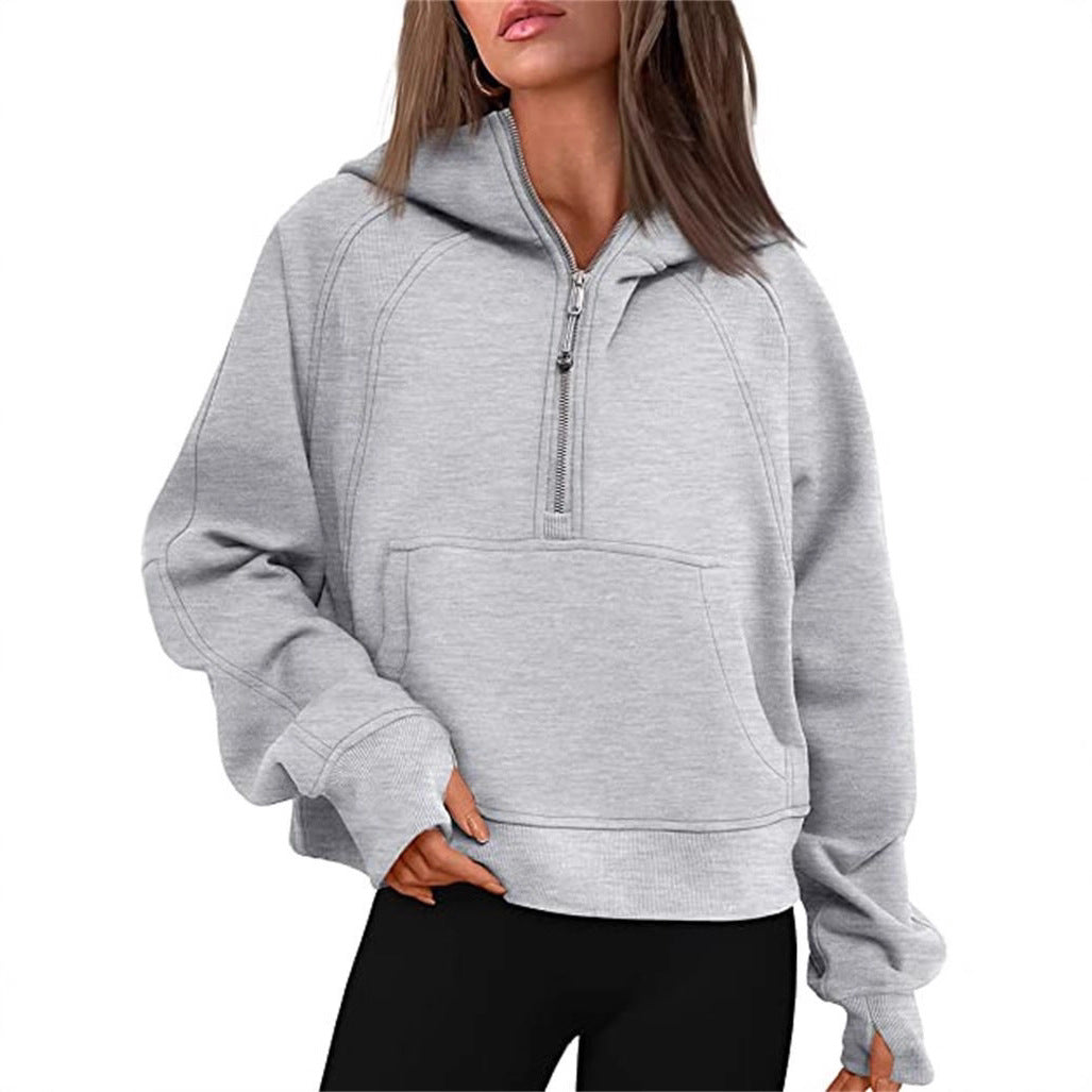 Damen Kapuzenpullover mit halbem Reißverschluss und praktischer Kängurutasche Drune