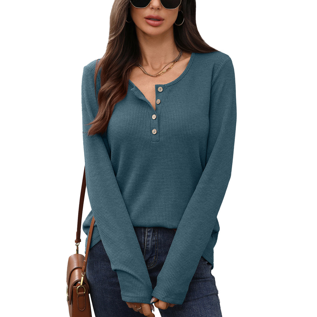 Damen Waffelstrick Langarmshirt mit Knopfleiste Drune