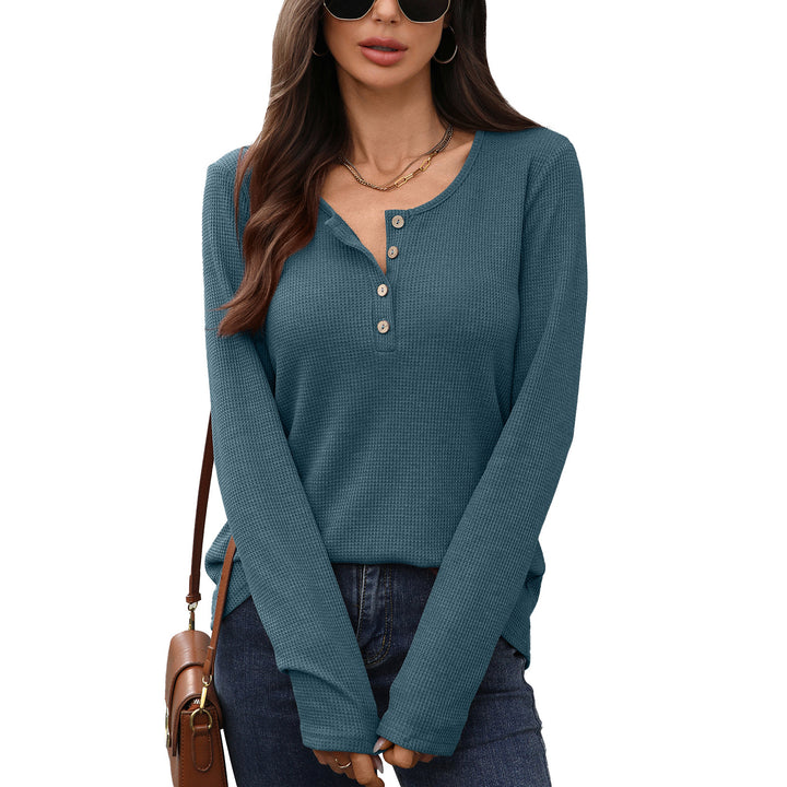 Damen Waffelstrick Langarmshirt mit Knopfleiste Drune