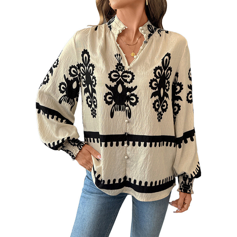Damen Bluse mit botanischem Druck und Puffärmeln Drune