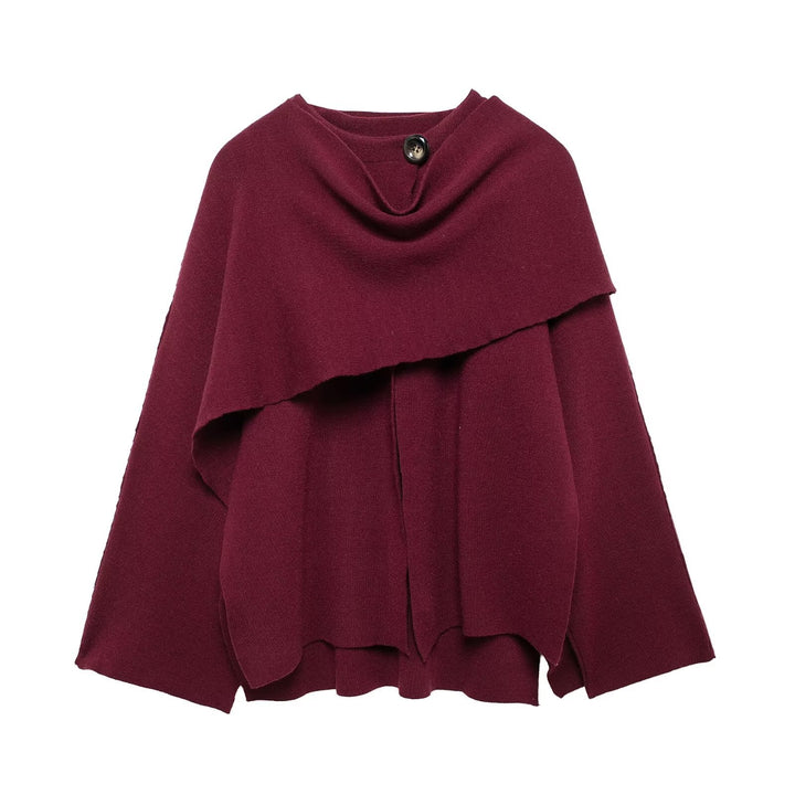 Damen nan zweilagiger Strickponcho mit asymmetrischem Saum und dekorativem Knopfkragen Drune