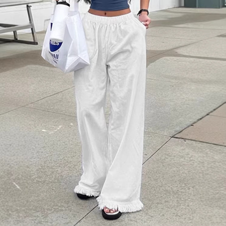 Damen Weite Baumwollhose mit elastischem Bund und femininen Fransen Drune