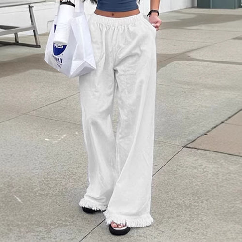 Damen Weite Baumwollhose mit elastischem Bund und femininen Fransen Drune