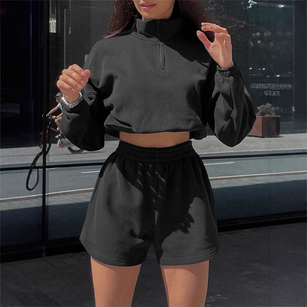 Damen cropped Sportpullover und Shorts-Set Drune