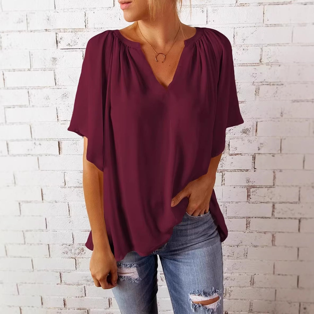 Damen lockeres Blusenshirt mit V-Ausschnitt und luftigen Ärmeln Drune