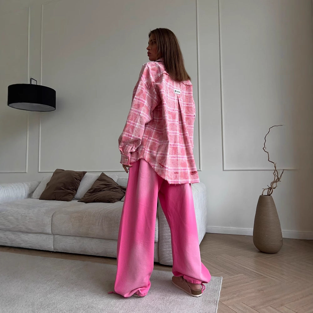 Damen Oversized Hemdbluse im lässigen Karo-Design mit Fransen Drune