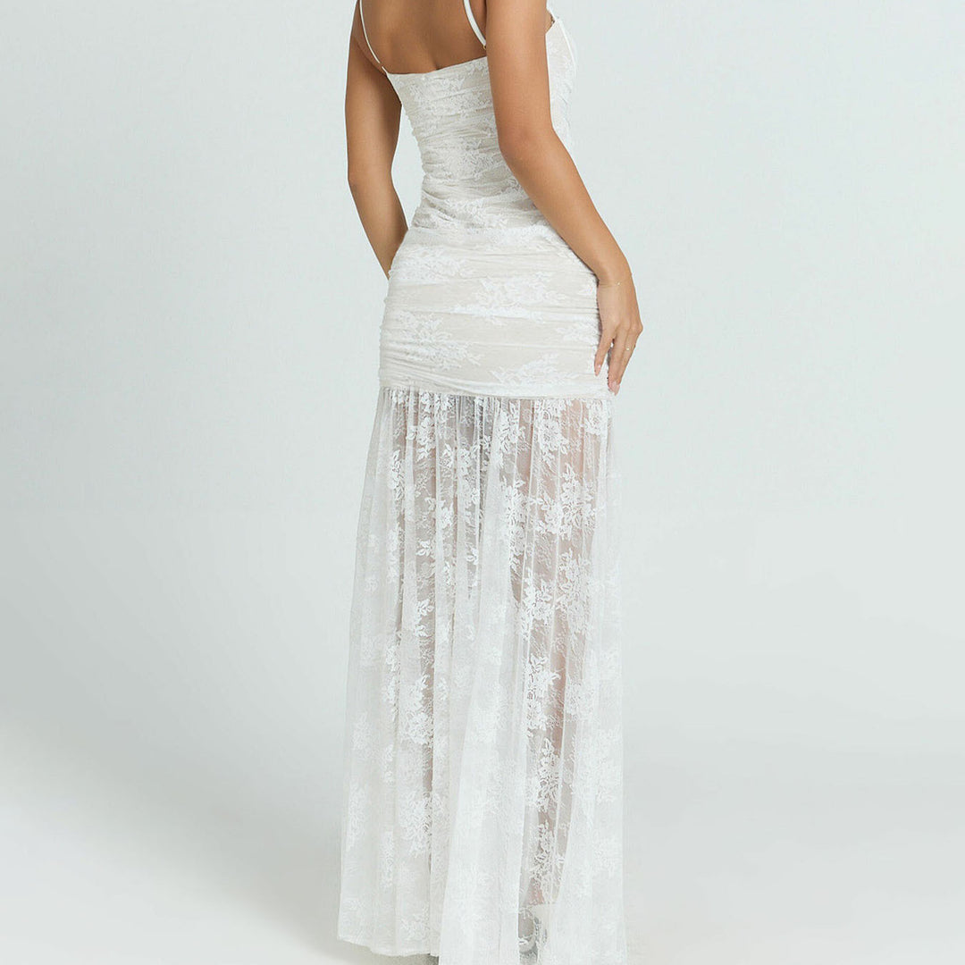 Damen Spitzen-Midi-Kleid mit transparentem Futter und raffinierten Trägern Drune