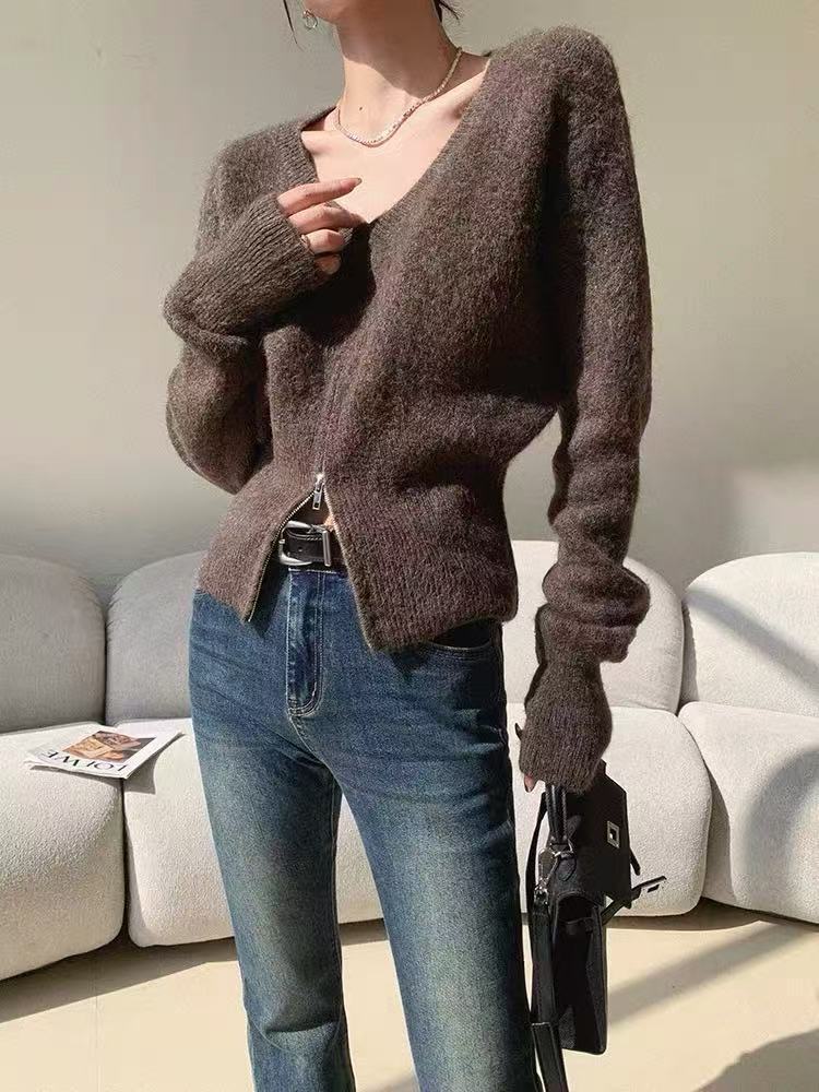 Damen modischer Strickcardigan mit V-Ausschnitt und praktischen Reißverschlüssen Drune