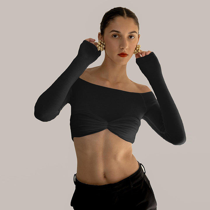 Damen Langarm Cropped Top mit gerafftem Design und schulterfreiem Look Drune