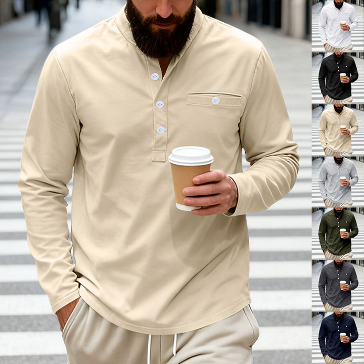 Herren nan lässiges Langarm-Henleyshirt aus Baumwollmischung mit Brusttasche Drune