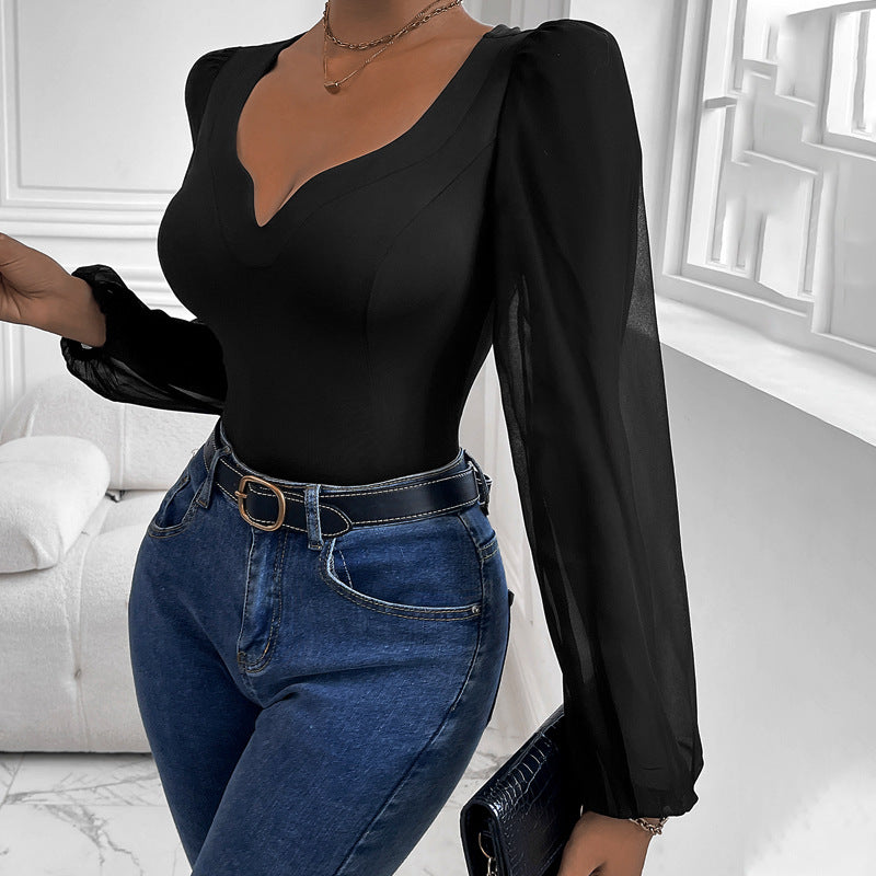 Damen Body mit eleganten Puffärmeln und tiefem V-Ausschnitt Drune