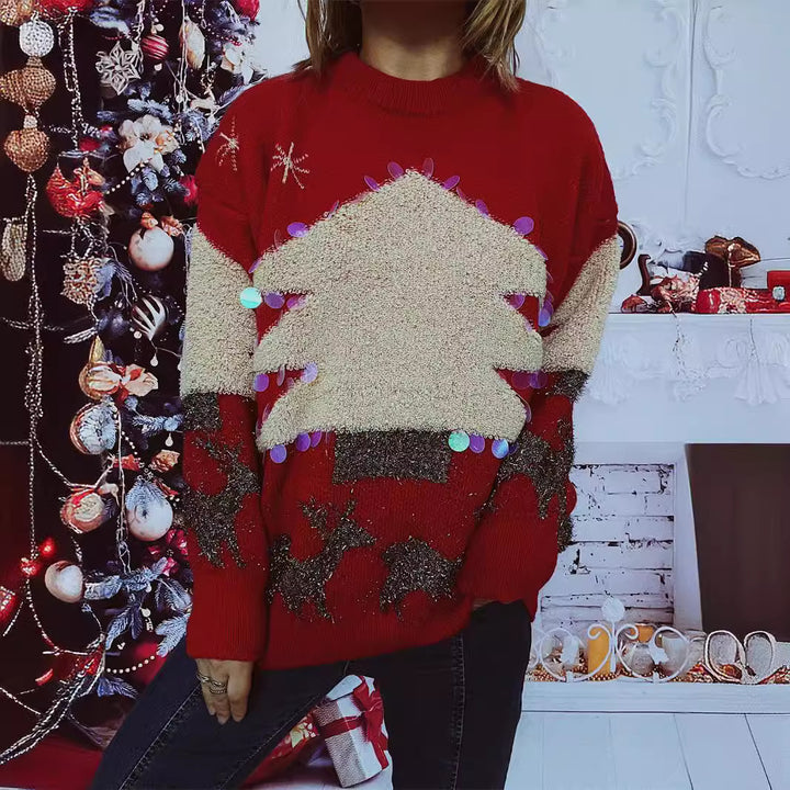 Damen festlicher Pullover mit weihnachtlichem Motiv und Glitzerapplikationen Drune