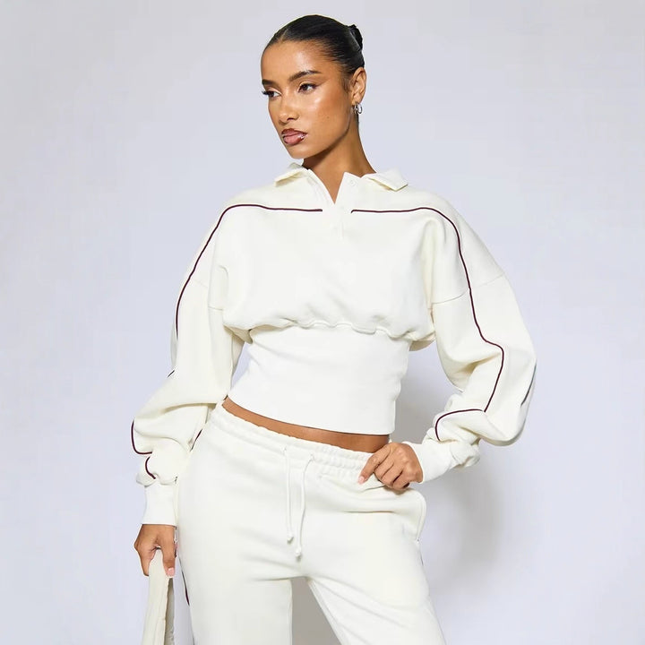 Damen Sportliches Crop-Polo und weite Jogginghose Set Drune