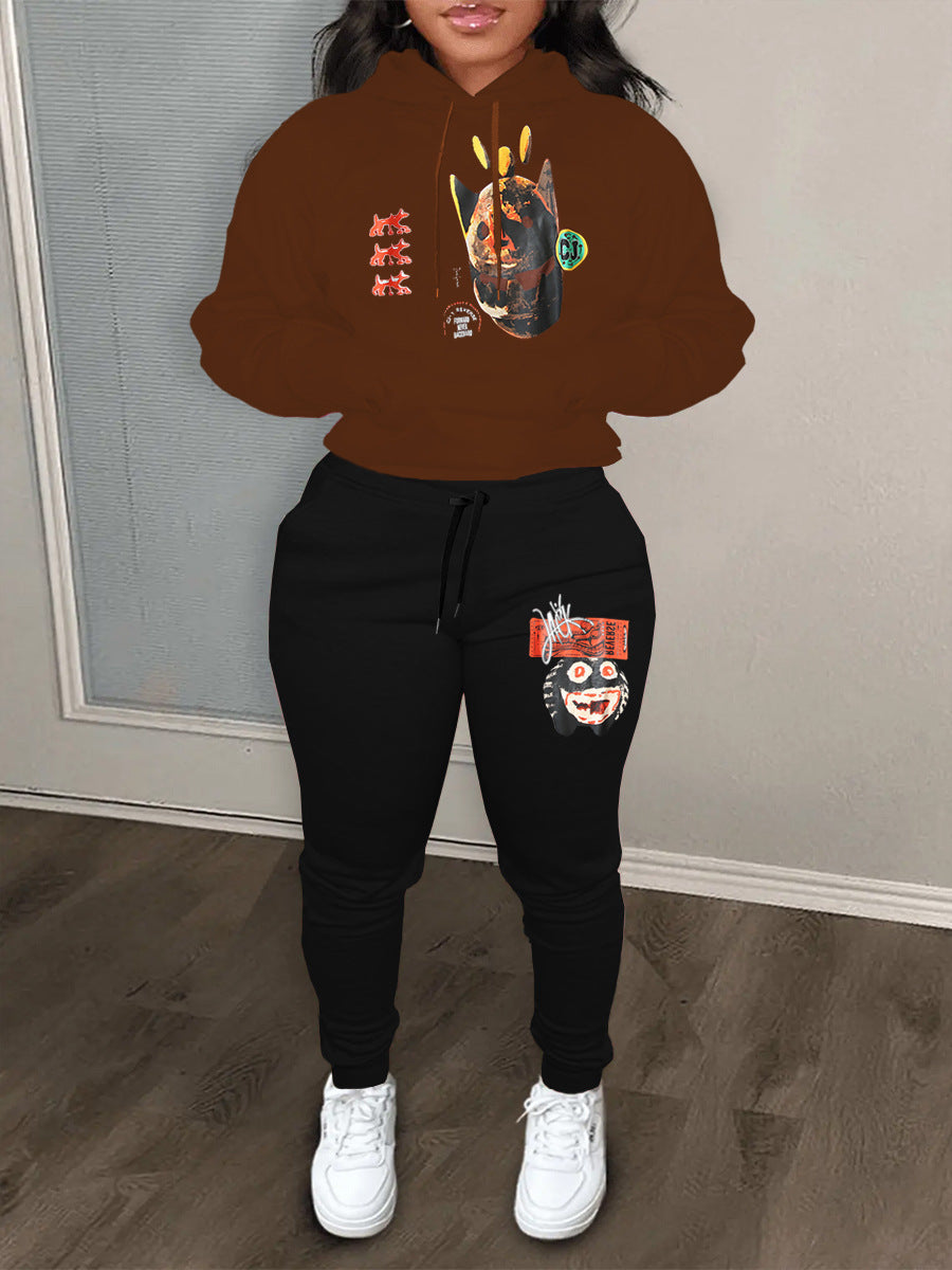 Damen Urbanes Hoodie und Jogginghose Set mit künstlerischem Druck Drune
