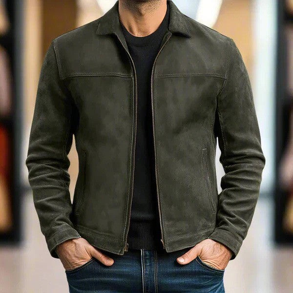 Herren nan schlanke Veloursleder-Jacke mit klassischem Kragen und verdecktem Reißverschluss Drune