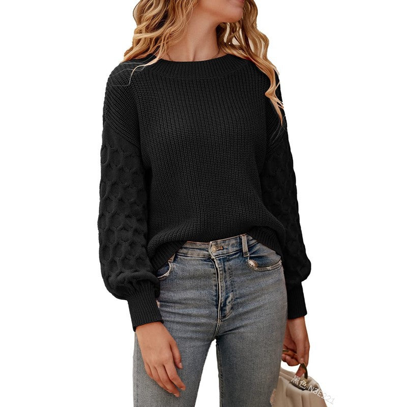 Damen Strickpullover mit strukturierten Puffärmeln und Rundhalsausschnitt Drune