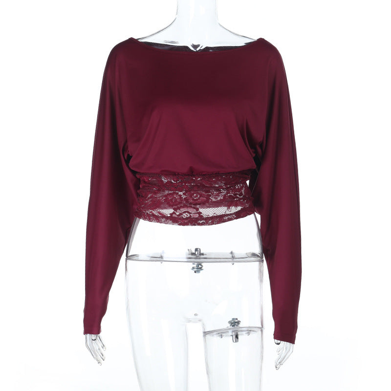 Damen elegantes Crop-Top mit Spitzenbesatz und langen Ärmeln Drune