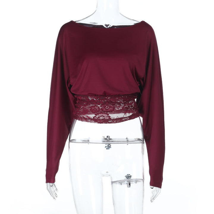 Damen elegantes Crop-Top mit Spitzenbesatz und langen Ärmeln Drune