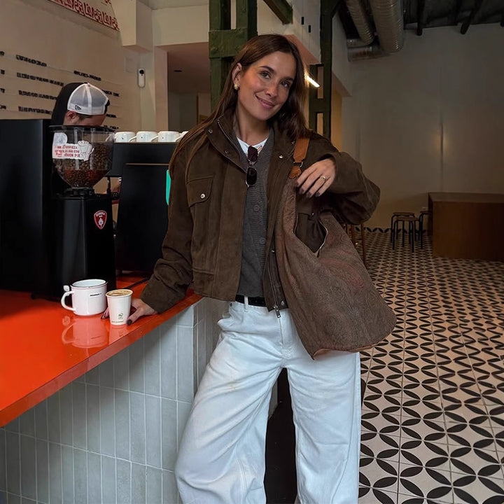 Damen lässige Suede-Jacke mit funktionalen Taschen und modernem Design Drune