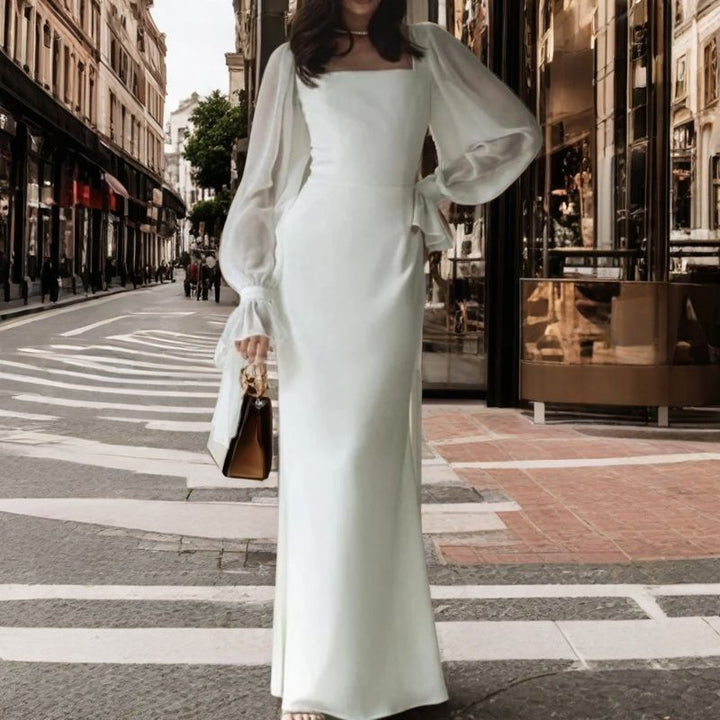 Damen elegantes Maxikleid mit Puffärmeln und quadratischem Ausschnitt Drune
