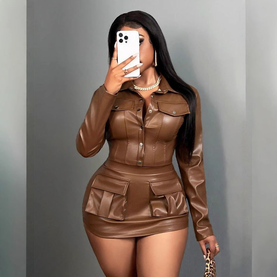 Damen Kunstleder Minikleid mit praktischen Klappentaschen Drune