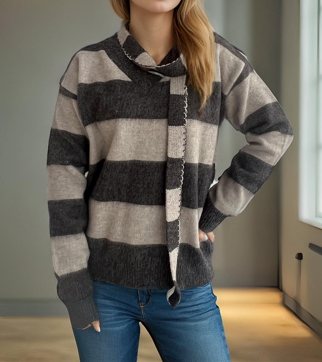 Damen lässiger Strickpullover mit modernem Streifenmuster und dekorativem Schal Drune