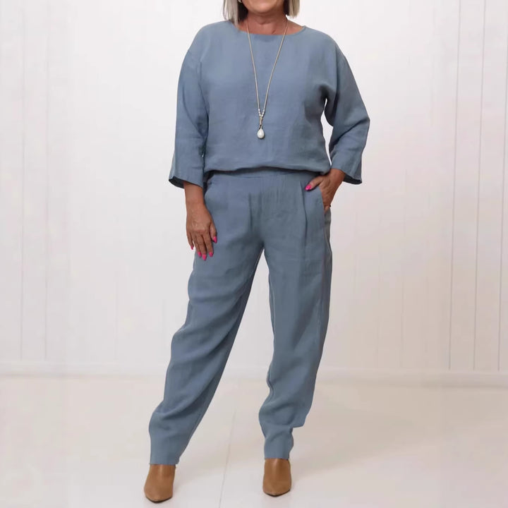 Damen Lässiges Leinen-Set mit weit geschnittenem Oberteil und bequemen Hosen Drune
