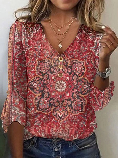 Damen Bohemian bedruckte V-Ausschnitt Bluse mit Knopfdetails Drune