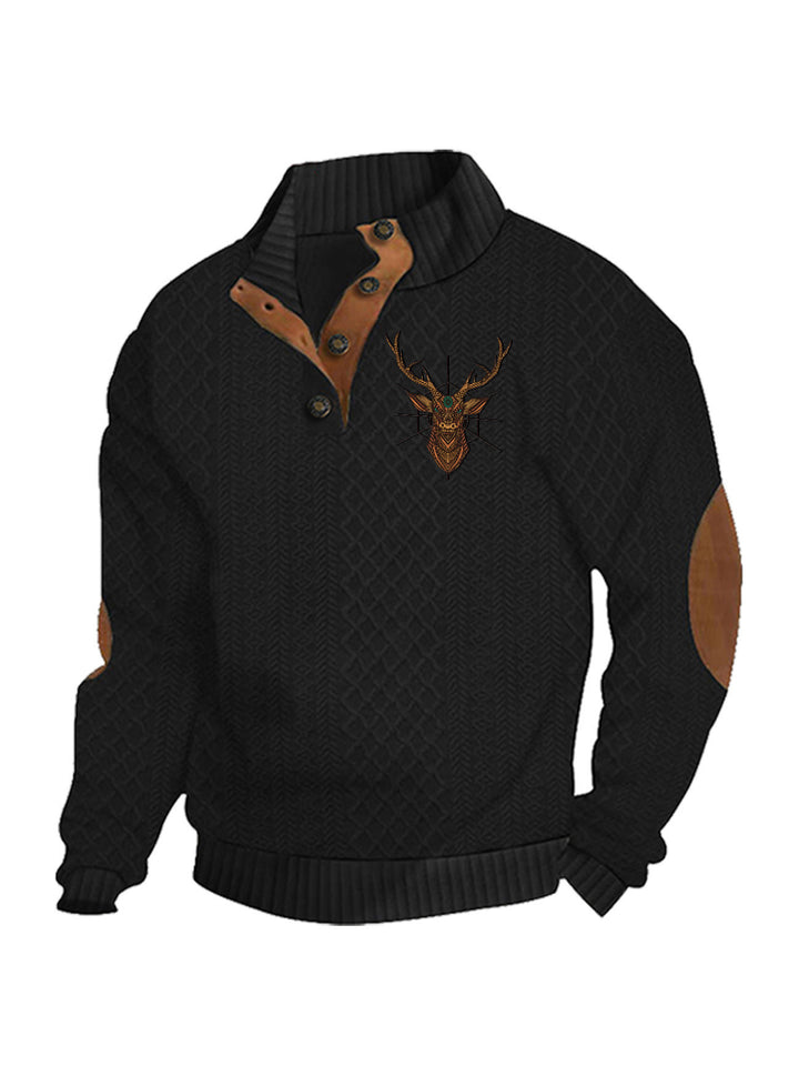 Herren nan Heritage-Strukturpullover mit Stehkragen Lederimitat-Besatz Ellenbogen-Patches und Halbknopfleiste Drune