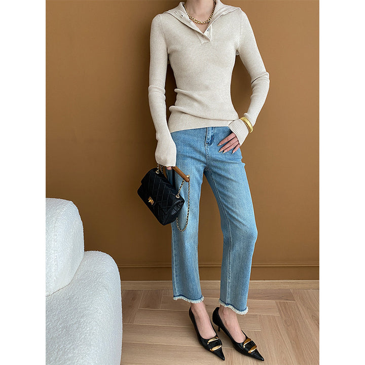 Damen lässiger Strickpullover mit tiefem V-Ausschnitt und Knopfleiste Drune