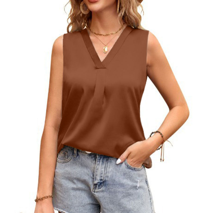 Damen Satin V-Ausschnitt Bluse mit eleganter Faltenverzierung Drune