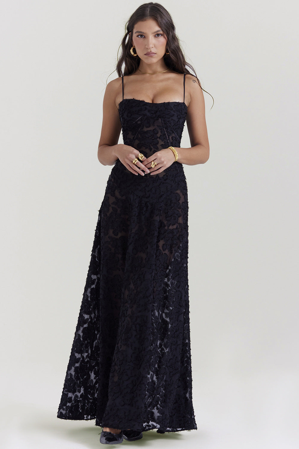 Damen Elegantes Maxikleid mit floralem Häkelmuster und raffiniertem Schnitt Drune