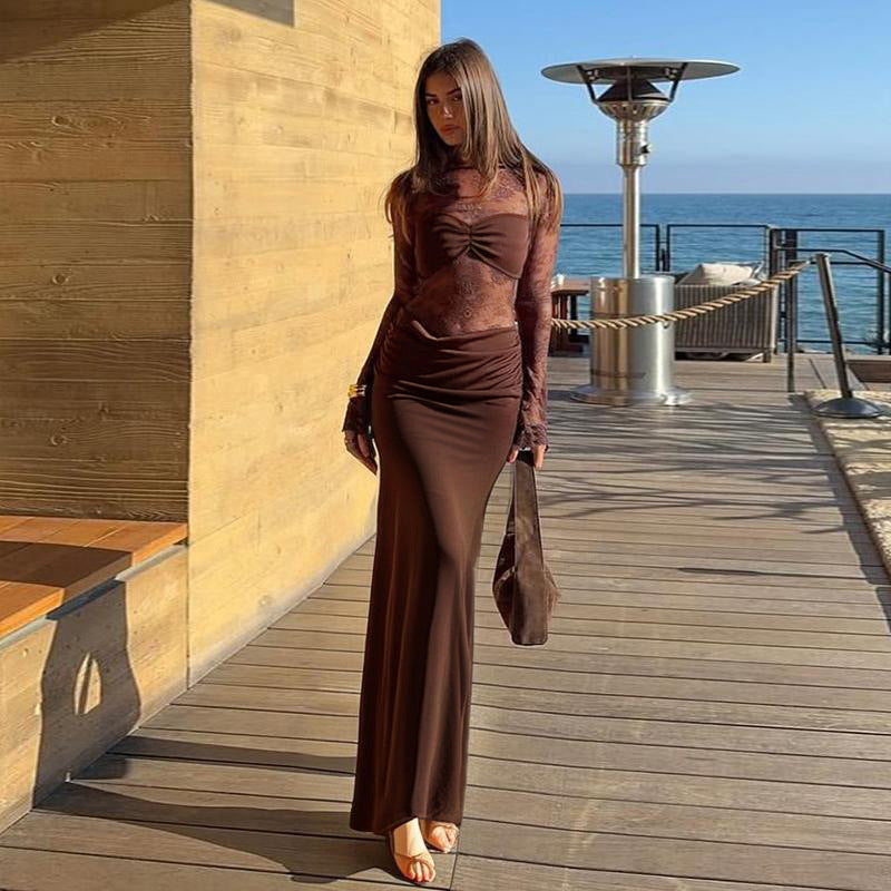 Damen Hochwertiges Maxikleid mit transparenten Langarmen Drune