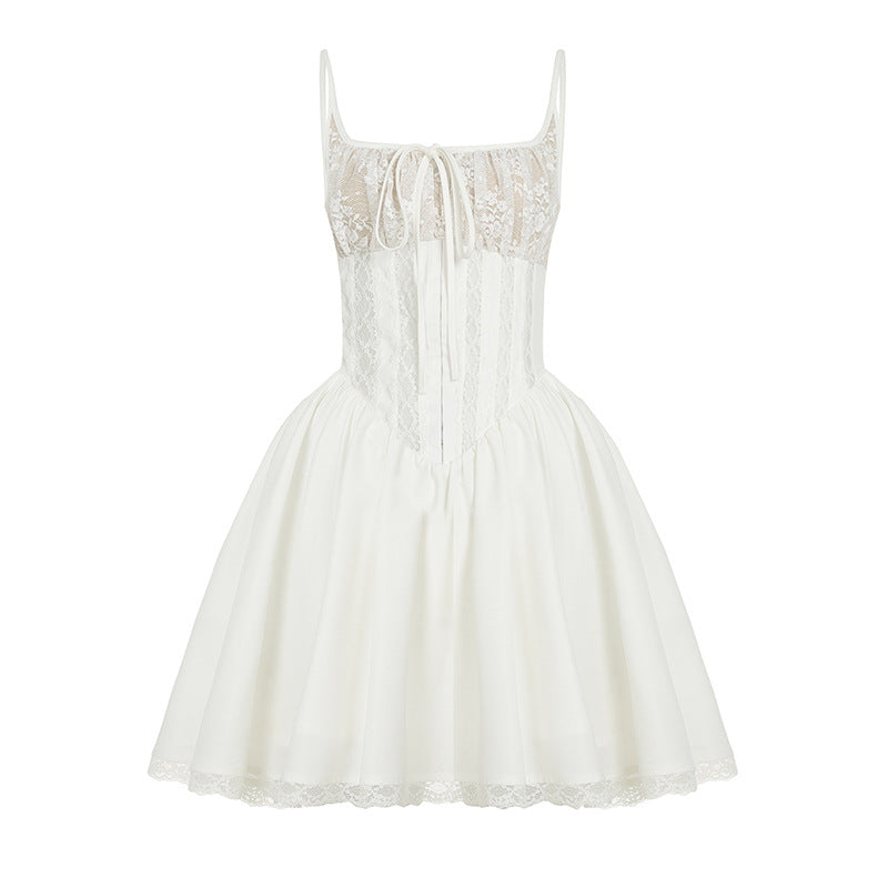 Damen luftiges Sommerkleid mit romantischem Spitzenoberteil und schwingendem Rock Drune