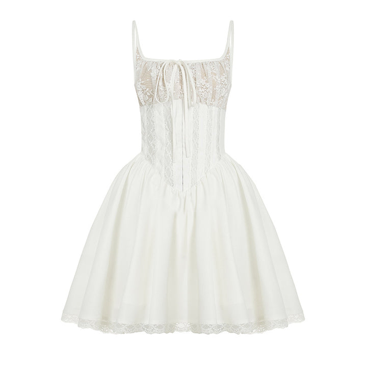 Damen luftiges Sommerkleid mit romantischem Spitzenoberteil und schwingendem Rock Drune