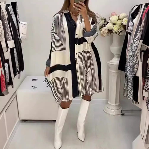 Damen Hemdblusenkleid mit grafischem Muster und voluminösen Ärmeln Drune